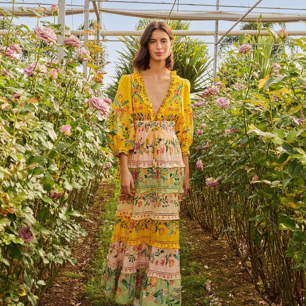 Farm rio mixed delicate flowers long sleeve maxi dress